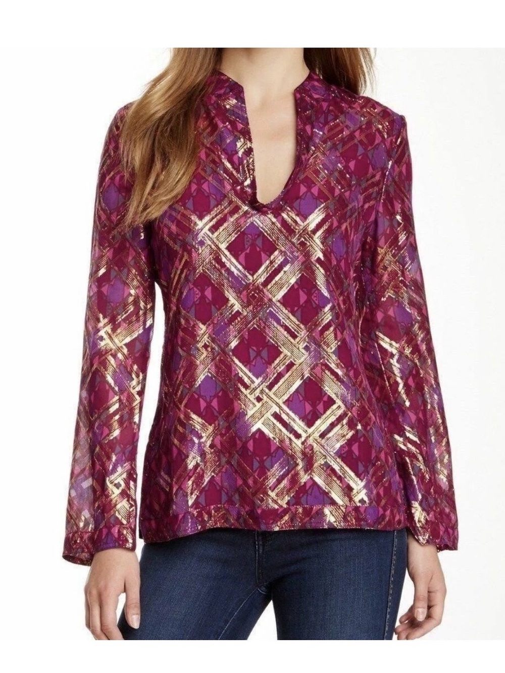Tory Burch Blouse Tunic Top Pink Plaid Chiffon Metallic Size 4